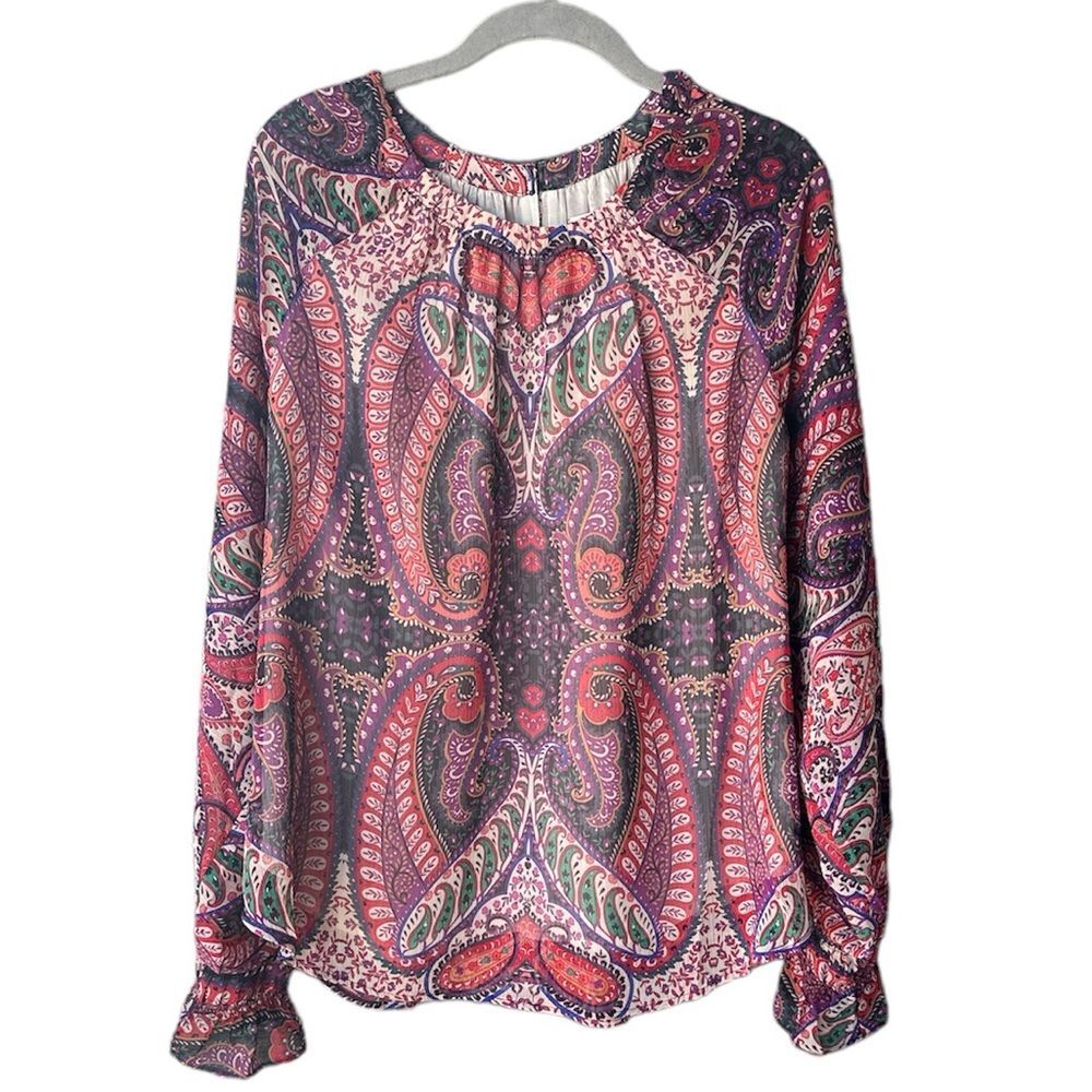 LOFT Paisley Stripe Smocked Cuff Blouse Colorful Size XL